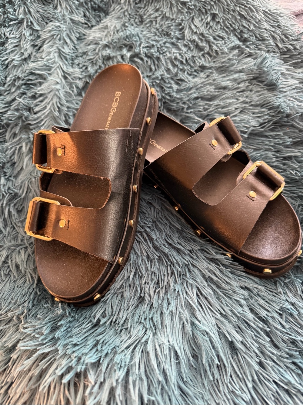 BCBGeneration Black Double-Buckle Studded Slide Mules